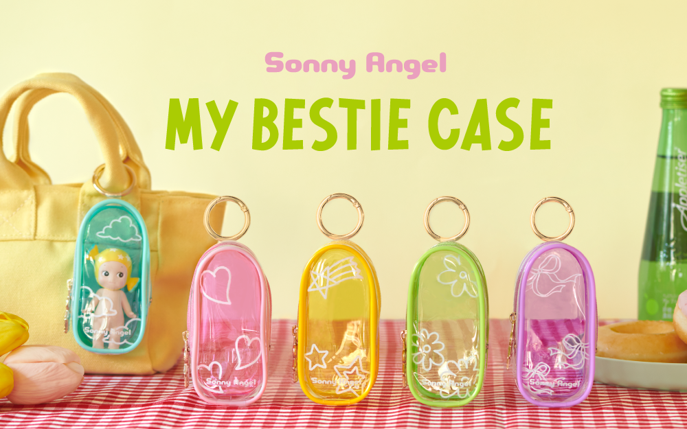 banner image for sonny angel my bestie case featuring complete lineup sitting on a table with yellow purse, plate of donuts, and bottle of sparkling water. left to right: blue, pink, yellow, green, and purple. blue case contains sonny angel sweets candy minifigure and is attached to the handle of the yellow purse.