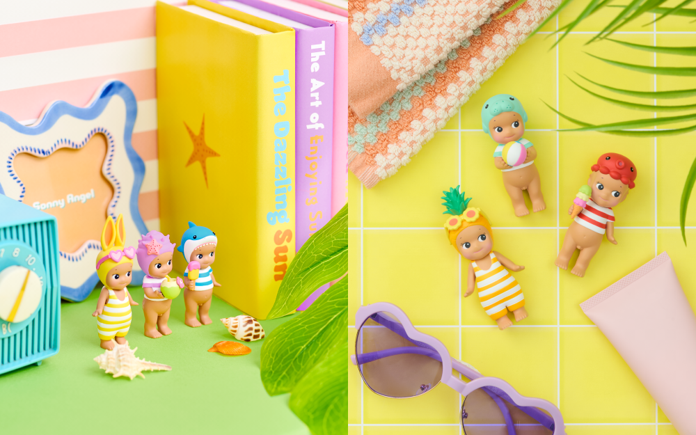Left: set against a Sonny Angel picture frame, seashells and a blue radio, three Sonny Angel minifigures stand in the center together. From left to right: yellow Rabbit in bathing suit, purple Shell with coconut drink in striped tshirt, and blue Shark holding a yellow and pink popsicle. R: on a bright yellowed tiled background beside a towel, plant, tube of sunscreen and goggles is yellow Pineapple featuring yellow sunglasses, teal Manatee with beach ball, and red Octopus holding an ice cream cone