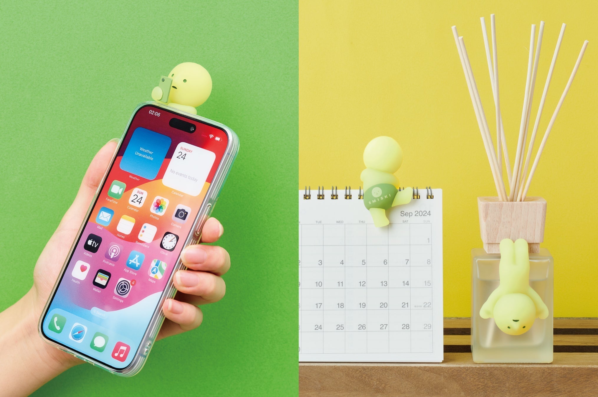 split lifestyle product images featuring closeups of the main smiski hippers series lineup. left features SMISKI ON HIS PHONE attached to a smart phone case; right features SMISKI CLIMBING on a calendar and SMISKI UPSIDE DOWN on an incense diffuser