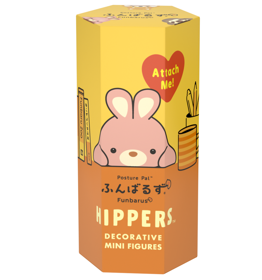 Posture Pal Hipper product box shows pink Rabbit Posture Pal Hipper product on yellow and orange box. Text reads "Posture Pal, Funbarus, Hippers Decorative Mini Figures" with desk supply images on either side of main image. A red heart contains yellow text which reads "Attach me!"