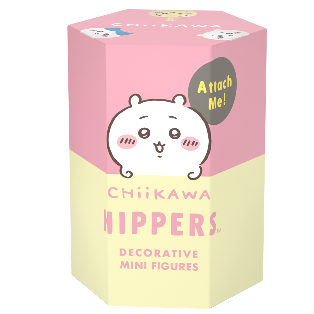 Pink and yellow Chiikawa Hippers Decorative Mini Figures product box shows white Chiikawa figure and words "Attach me!"