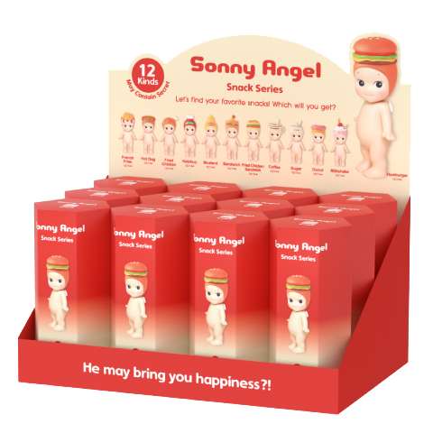 sonny angel snack series full display box product render. features display POP box with 12 nested blind boxes
