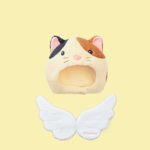 closeup product image of the sonny angel costume series 2 calico cat costume headdress from the front and wings from the back on a yellow background.