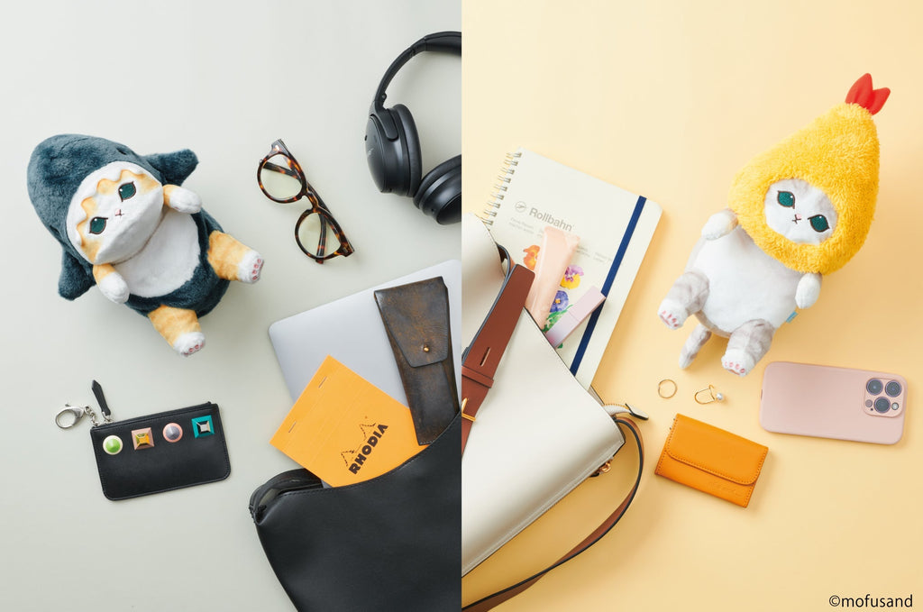 spliced lifstyle product image of mofusand posture pal. left side features mofusand shark meow on its back on a gray desk with wallet, bag, headphones, and reading glasses. right side features mofusand posture pal shrimp on yellow background