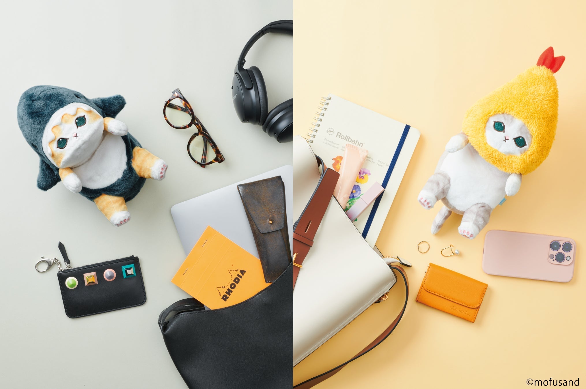 spliced lifstyle product image of mofusand posture pal. left side features mofusand shark meow on its back on a gray desk with wallet, bag, headphones, and reading glasses. right side features mofusand posture pal shrimp on yellow background