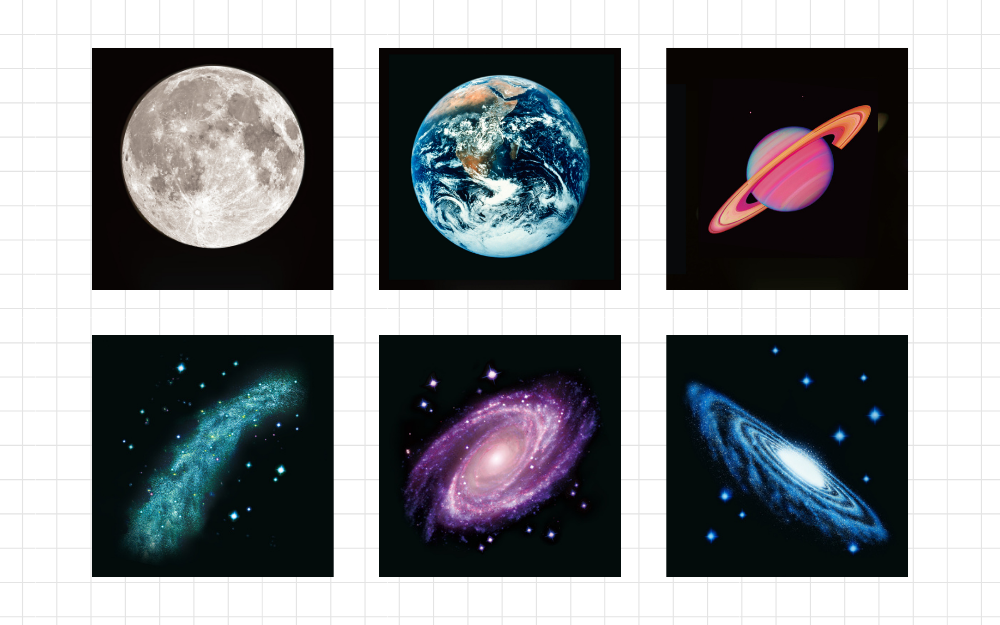 illustrations of (left to right top row) moon, earth, and saturn (left to right bottom row) milky way, andromeda, galaxy