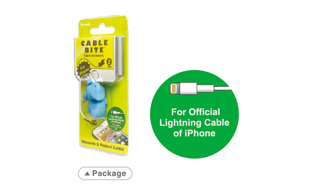 Image shows Elephant variant of Cable Bite Volume 2 For iPhone in product packaging beside text that reads "For Official Lightning Cable of iPhone"