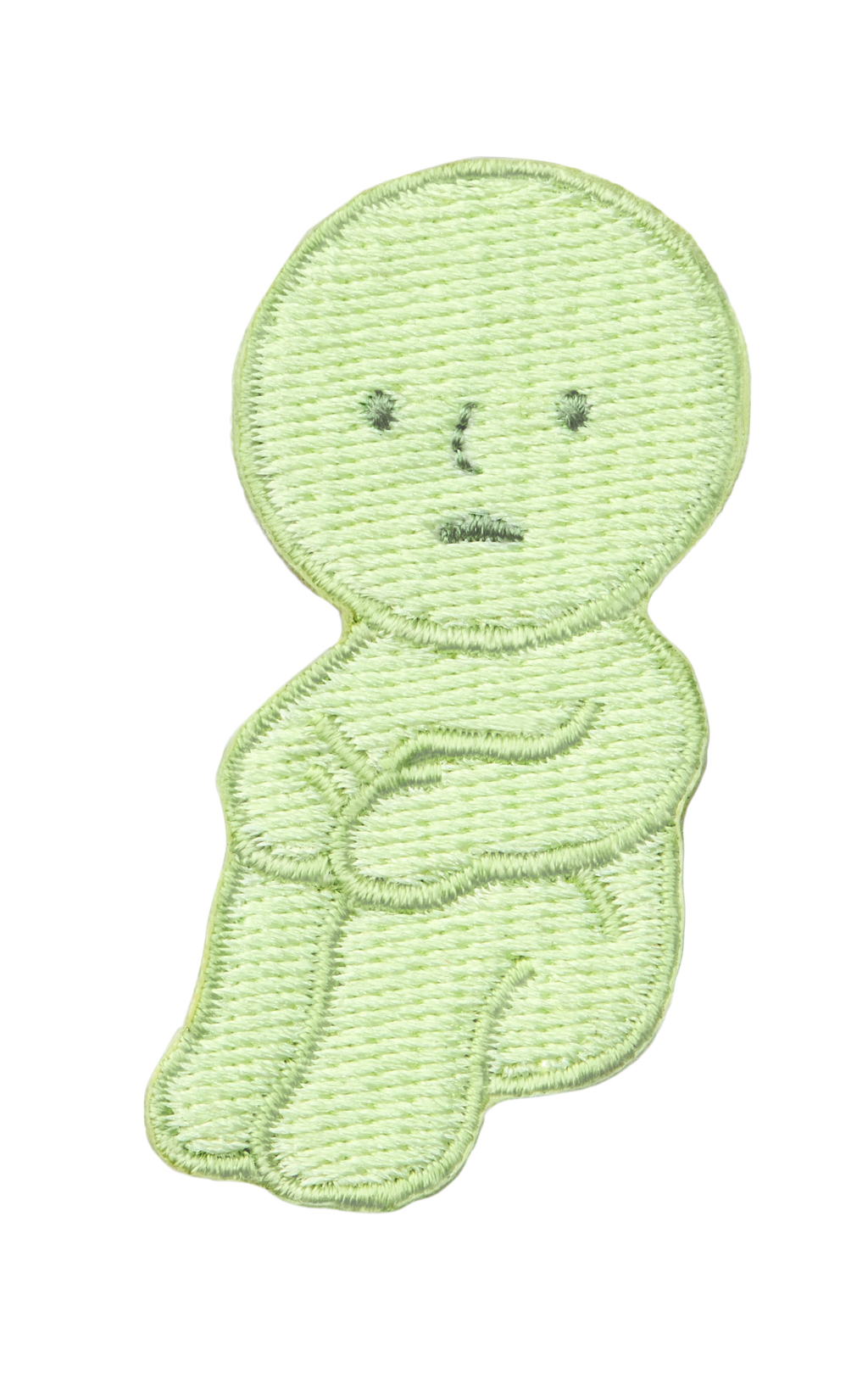 Image with transparent background shows SMISKI Embroidery Sticker "Hugging Knees" SMISKI is a light green figure with dark green eyes, nose and mouth with SMISKI's knees folded and hands atop knees.