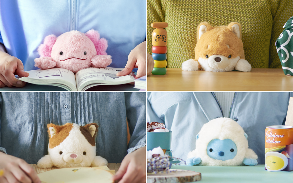 image split into four sections showing posture pal axolotl, shiba inu, calico cat, and yeti positioned between various models torsos and desks