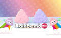 bath bombs designed to look like poop emojis in pink and purple colors, with a rainbow trail in the background and the text RAINBOMB MINI