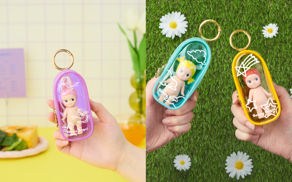 spliced lifestyle image of sonny angel my bestie case. left image shows person holding my bestie case purple edition against a kitchen backdrop. case is holding rabbit figure. right image shows two hands holding my bestie case blue and my bestie case yellow against a grazzy backdrop. blue contains sweets candy figure, yellow contains fruit strawberry figure.