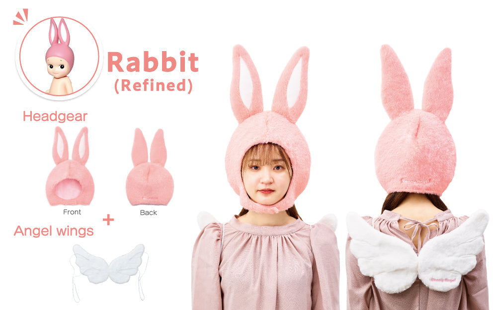instructional image featuring rabbit sonny angel costume series 2 version. line one: render of rabbit sonny angel mini figure with words RABBIT; line two: HEADGEAR with photos of front and back of the rabbit hat labelled over a PLUS sign; line three: ANGEL WINGS with photo of angel wings costume piece; right: model front and back wearing rabbit headgear and wings