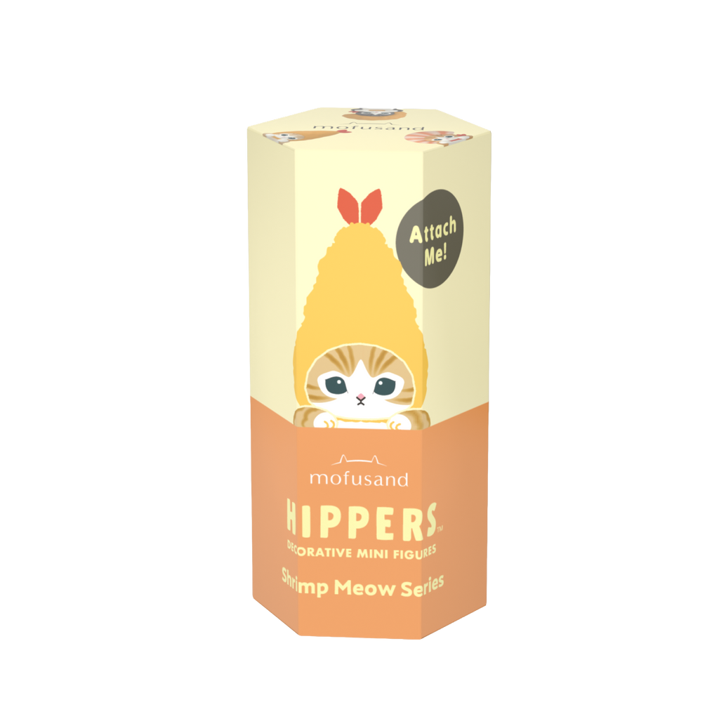 mofusand HIPPERS Decorative Mini Figures Shrimp Meow Series product image. In yellow and orange blind box packaging, mofusand HIPPERS Shrimp Meow product shows a cat with a tempura shrimp headdress beside the text "Attach Me!"