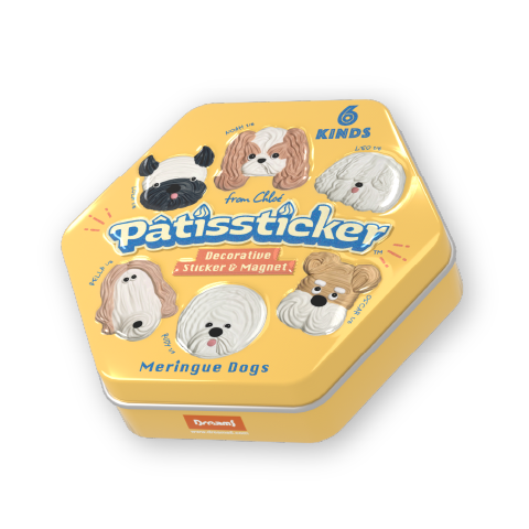Product image set against a white background. Product packaging shows hexagonal yellow tin with dog illustrations and 'Patissticker' branding in blue font