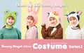 product banner image featuring the full lineup of sonny angel costume series 2 costumes with the text: DRESS UP LIKE SONNY ANGEL! over four costumes (left to right: frog, rabbit, calico cat, and cow) above the text SONNY ANGEL OFFICIAL COSTUME HEADDRESS AND WINGS SERIES 2