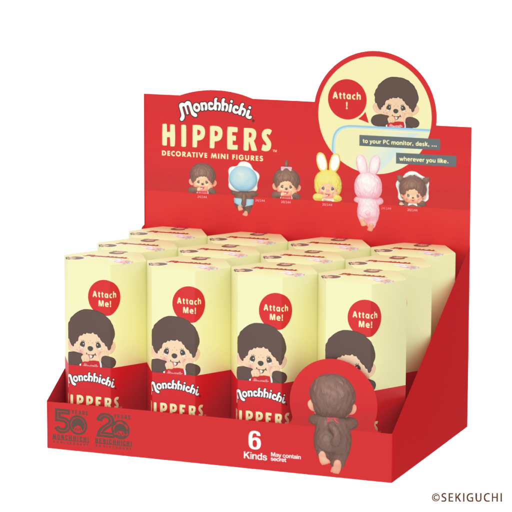 Monchiichi HIPPERS product image shows all variants of the Monchiichi HIPPERS. Display box shows the blind box packaging of the individual items. Monchiichi product themed in light yellow and bright red with iconic Monchiichi image