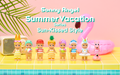 Image introducing new Sonny Angel Summer Vacation Series Sun-Kissed Style lineup. Set against a pink background, with a yellow tiled countertop. From left to right: yellow Rabbit, teal Manatee holding a beach ball, red Octopus holding a triple scoop of ice cream, orange Pineapple with pineapple slice sunglasses, purple Shell holding a coconut drink, blue Shark holding a popsicle, and secret Sonny Angel with unicorn headgear, and unicorn pool floaty, and Robby Angel, atop a pink flamingo pool floaty